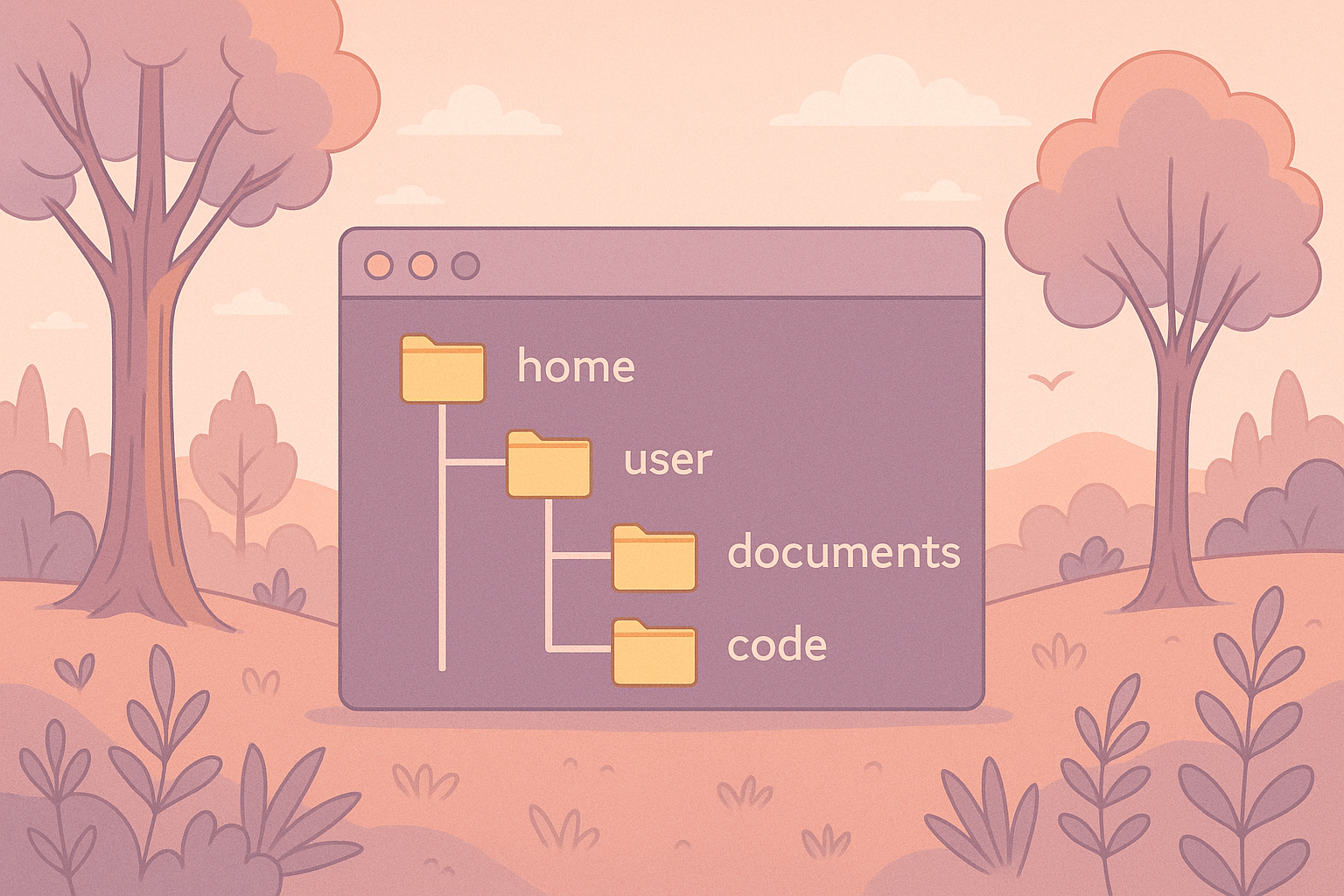 A picture of a Directory Navigation in nature with a sunset in the background combining nature and tech together in a pastel style