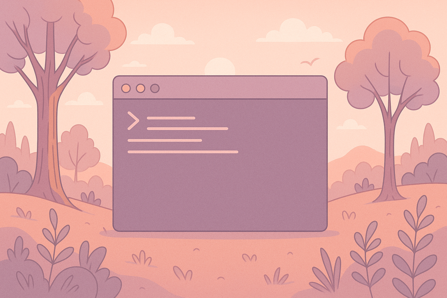 A picture of a Linux Terminal in nature with a sunset in the background combining nature and tech together in a pastel style