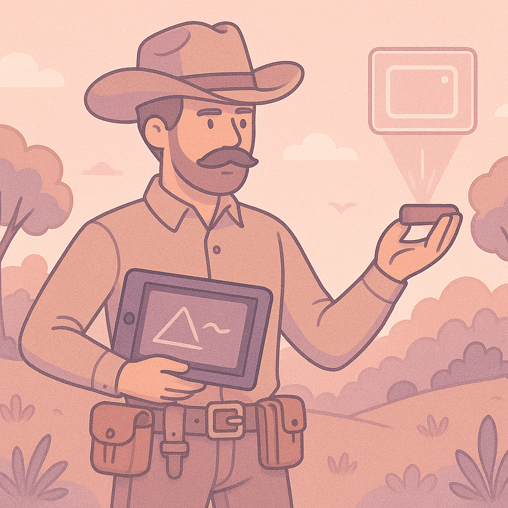Tech and nature combined together, with a cowboy playing with his gadgets in a pastel style